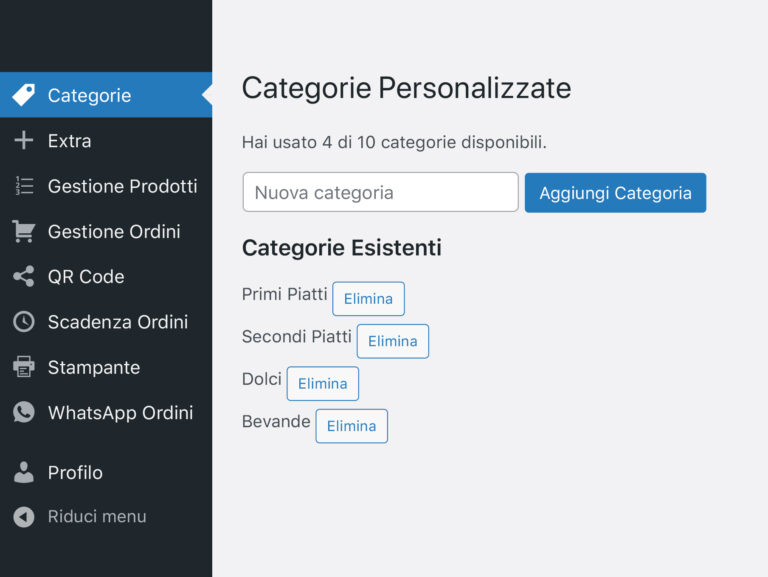 sezione categorie del menu con Qr-code